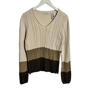 Crazy Horse Sweater Women L Tan Brown Bold Stripe 90s Ribbed Cable Knit Minimal